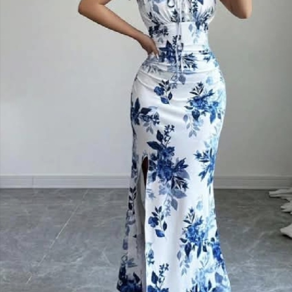 White & Blue Floral Maxi Dress with Side Slit